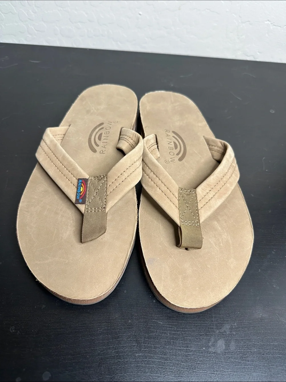 Rainbow Men’s Tan Suede Leather Flip Flops with Olive Webbing